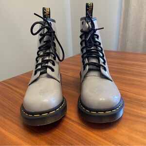 Ladies Dr. Martens Glossy Gray Boots with Black Laces size 6 New MSRP $170